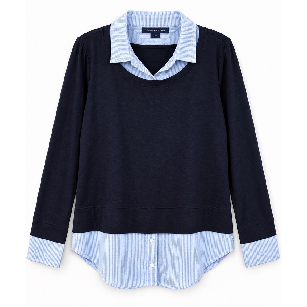 Tommy Hilfiger Layered Look Twofer Striped Shirt Navy Preppy Top Size Large